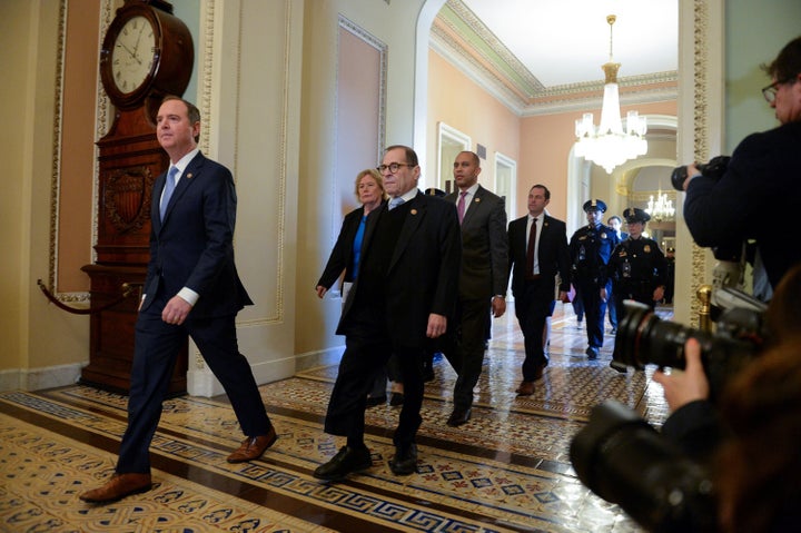 House Managers Rep. Adam Schiff and Rep. Jerry Nadler walk to the Senate Floor in Washington, U.S. on Jan. 21, 2020. 