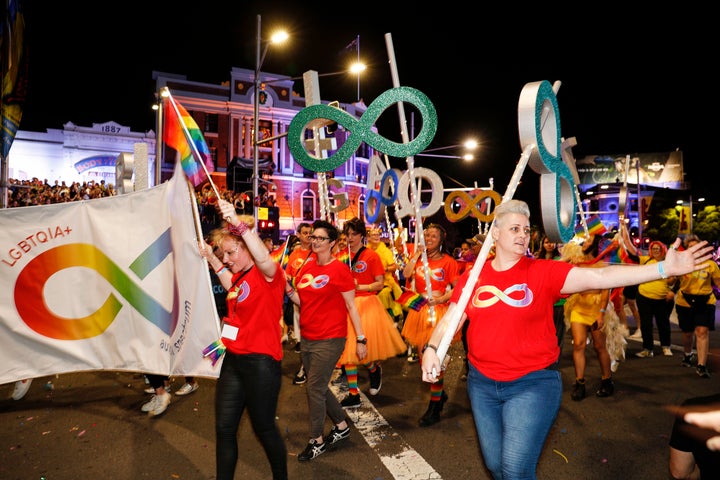 SYDNEY, AUSTRALIA - MARCH 02: Parade goers during the 2019 Sydney Gay & Lesbian Mardi Gras Parade on March 02, 2019 in Sydney, Australia. The Sydney Mardi Gras parade began in 1978 as a march and commemoration of the 1969 Stonewall Riots of New York. It is an annual event promoting awareness of gay, lesbian, bisexual and transgender issues and themes. (Photo by Hanna Lassen/WireImage)