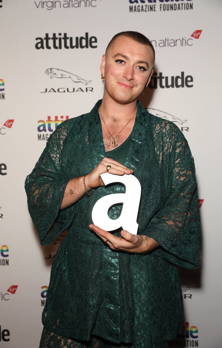 LONDON, ENGLAND - OCTOBER 09: Sam Smith winner of the Person of the Year award poses in the Winners Room at the Virgin Atlantic Attitude Awards 2019 at The Roundhouse on October 09, 2019 in London, England. (Photo by David M. Benett/Dave Benett/Getty Images)