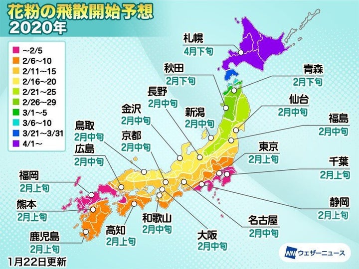 花粉の飛散開始予想 1月22日発表