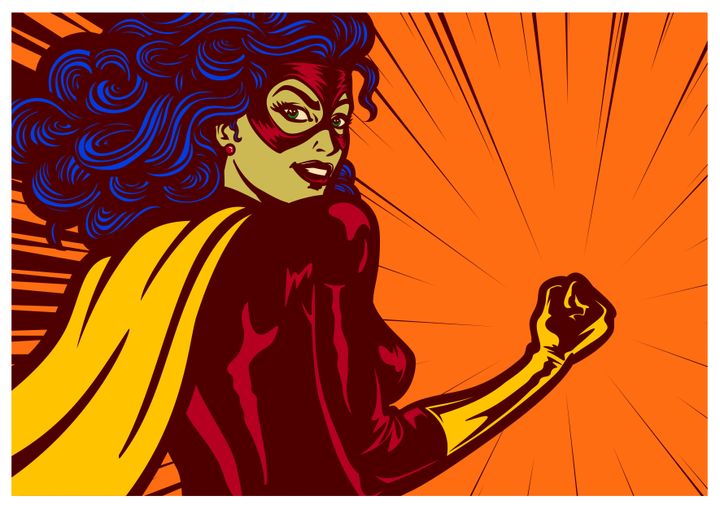 Pop art comic book style super heroine with clenched fist female superhero vector illustration