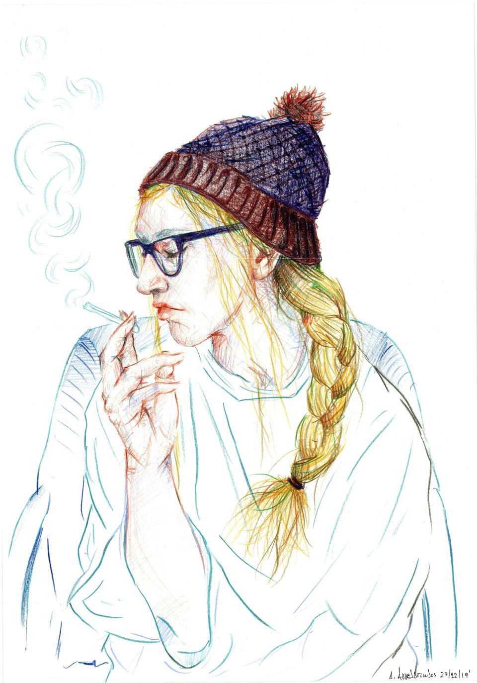 Μαρία με σκουφάκι και τσιγάρο, χρωματιστά μολύβια σε…ί, 50Χ35 εκ