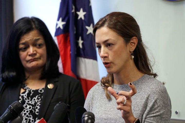 At a news conference on Jan. 6, 2020, in Seattle, Rep. Pramila Jayapal (D-Wash.) looks on as Negah Hekmati speaks about her hourslong delay returning to the U.S. from Canada with her family. The Washington state chapter of the Council on American-Islamic Relations said more than 60 Iranians and Iranian Americans were detained and questioned at the Peace Arch Border Crossing in Blaine, Washington.