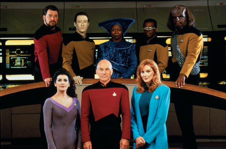Portrait of the cast of "Star Trek: The Next Generation," in 1987. Pictured are (front) Marina Sirtis, Patrick Stewart, Gates