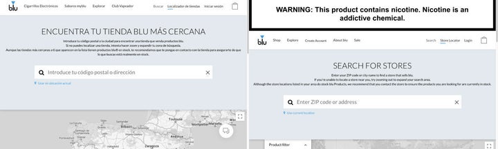 La web de blu y sus productos en España (izquierda) omite la advertencia de que la nicotina es adictiva, que sí aparece en la web estadounidense. 