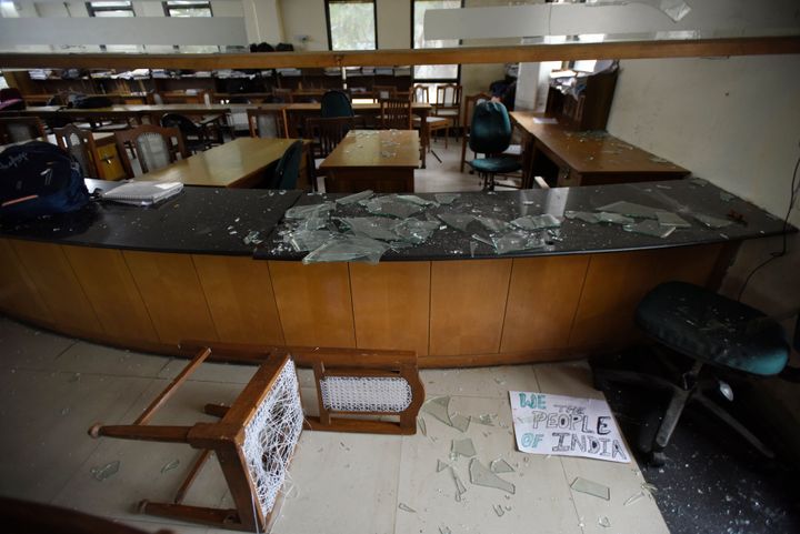 A view of the damaged Jamia Milia Islamia library after police entered the university campus later on Sunday evening and beat students on December 16, 2019 in New Delhi.