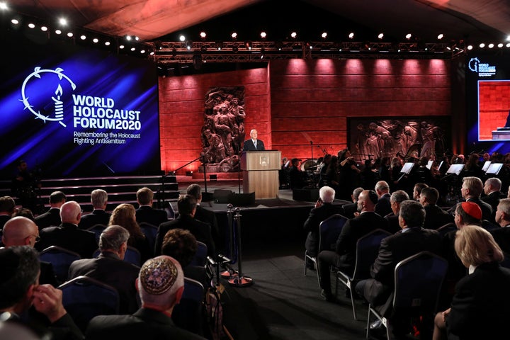 Israeli President Reuven Rivlin speaks at the World Holocaust Forum marking 75 years since the liberation of the Nazi extermination camp Auschwitz, at Yad Vashem Holocaust memorial centre in Jerusalem January 23, 2020. 