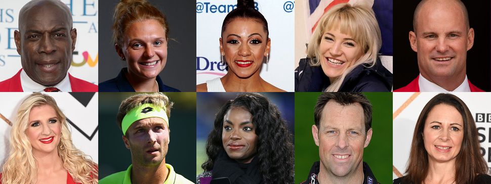 Head In The Game interviewees: (top, left to right) Frank Bruno, Jordanne Whiley, Becky Downie, Elise Christie, Andrew Strauss; (bottom, left to right) Rebecca Adlington, Liam Broady, Eniola Aluko, Marcus Trescothick, Jo Pavey.