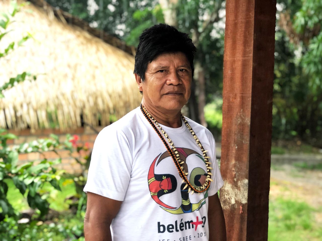 Juarez Munduruku, a tribal chief for the tribe, speaks in an Indigenous neighborhood of Itaituba.