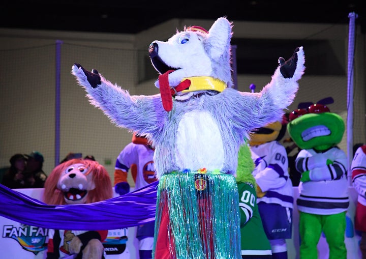 Harvey the Hound of the Calgary Flames at the 2019 NHL All-Star Fan Fair in San Jose, California.