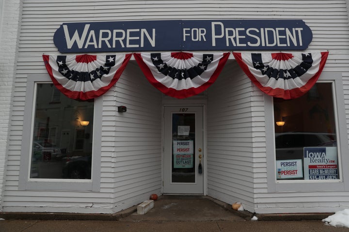 Banners for Democratic 2020 U.S. presidential candidate and U.S. Senator Elizabeth Warren (D-MA) are placed at a Warren's cam