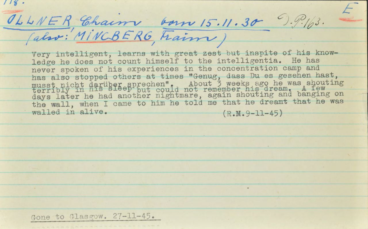 A Windemere record noting Olmer's nightmares and reluctance to talk about his experiences 