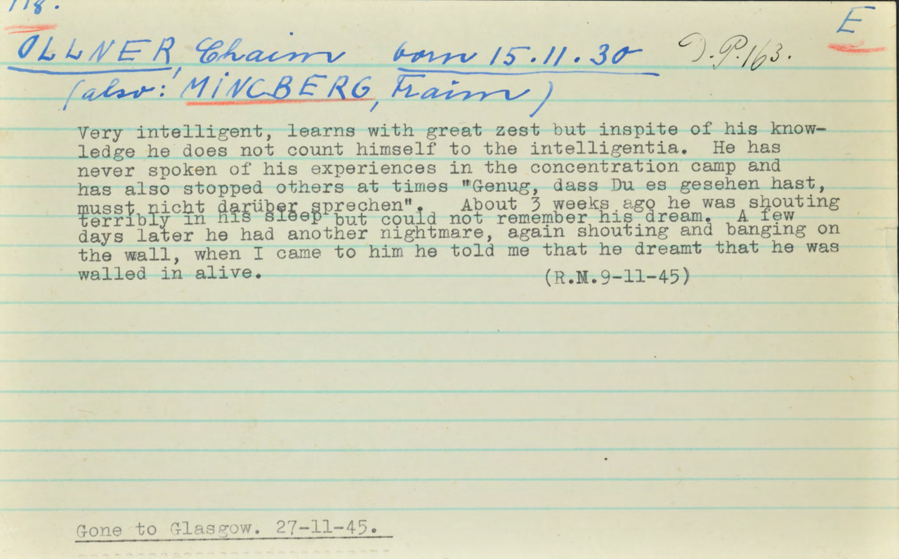 A Windemere record noting Olmer's nightmares and reluctance to talk about his experiences