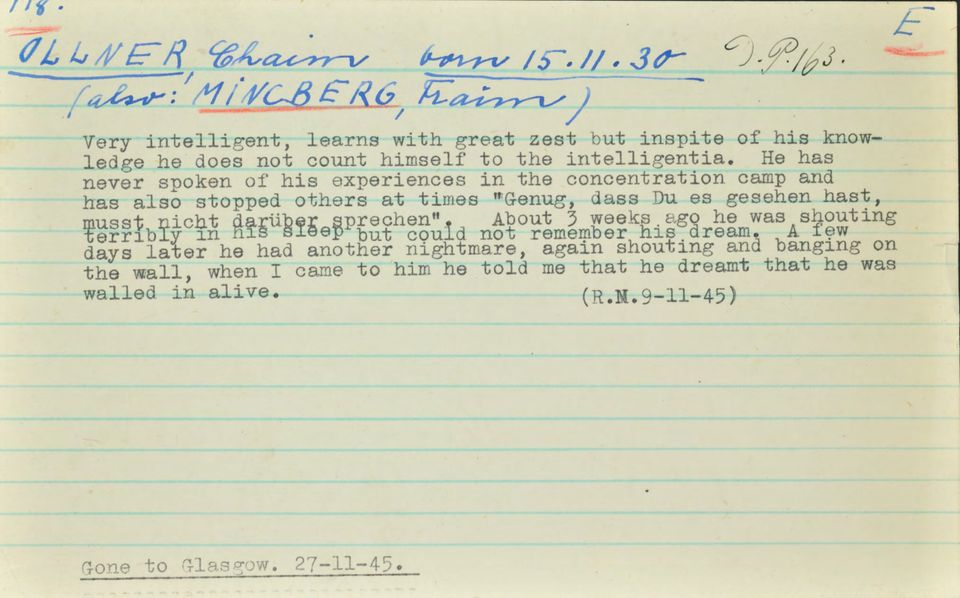 A Windemere record noting Olmer's nightmares and reluctance to talk about his experiences 