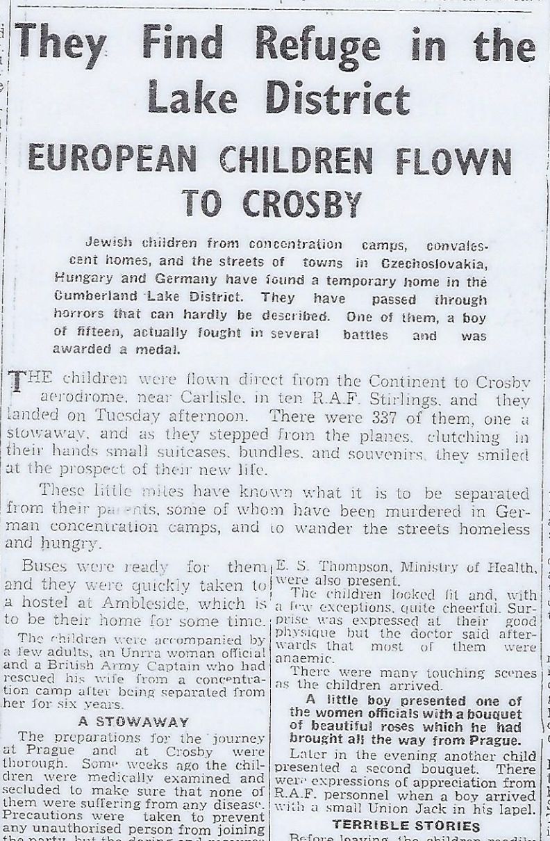 A report detailing the children's arrival in The Carlisle Journal, August 17 1945