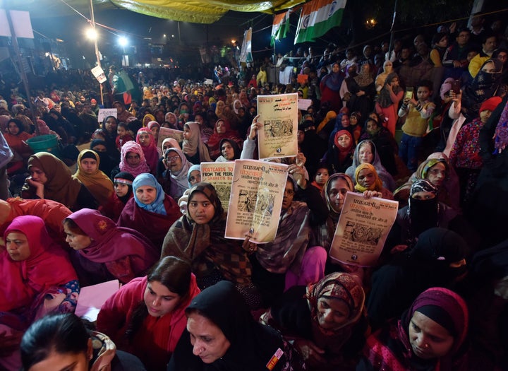 Muslim women protest against CAA, NRC and NPR at Shaheen Bagh, near Kalindi Kunj, on January 18, 2020 in New Delhi, India.