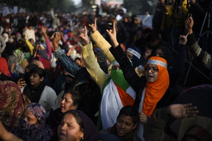 Women shout slogans during a protest at Shaheen Bagh, on January 21, 2020 in New Delhi, India. 