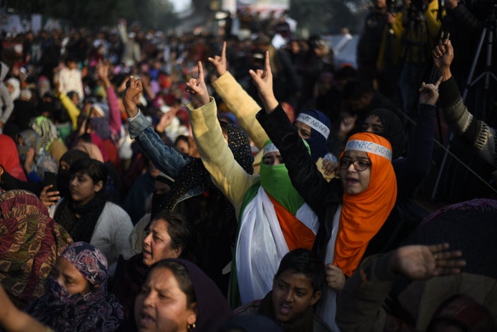 Women shout slogans during a protest at Shaheen Bagh, on January 21, 2020 in New Delhi, India.