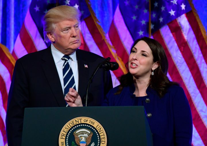 In this Dec. 2, 2017, photo, Republican National Committee Chairwoman Ronna Romney McDaniel speaks at a fundraiser with President Donald Trump. (AP Photo/Susan Walsh)