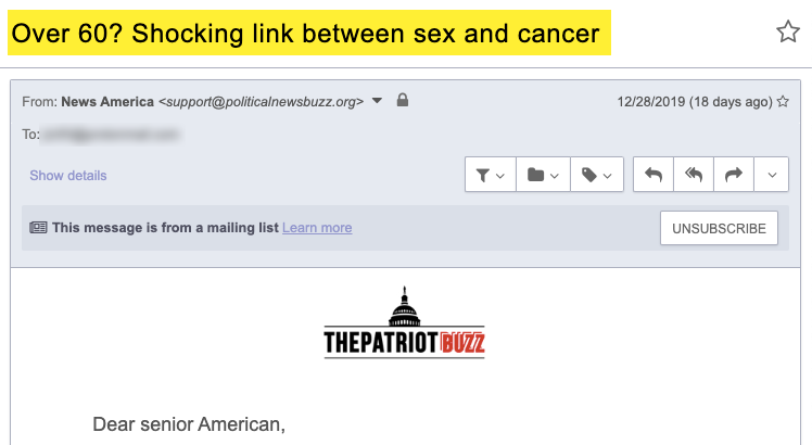 Right-wing website Conservative Buzz and its parent company, DedicatedEmails.com, are using Google ads to harvest seniors' email addresses and then scare them with sponsored content such as this.