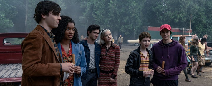 Ross Lynch, Jaz Sinclair, Gavin Leatherwood, Kiernan Shipka, Lachlan Watson and Jonathan Whitesell in "Chilling Adventures of Sabrina"