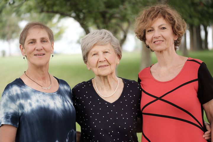 Eva Gelbman with her daughters Gabi Avni, left, and Kathy Benjamin, right. They are going to Auschwitz in occupied Poland for the commemoration ceremony on Jan. 27, 2020.