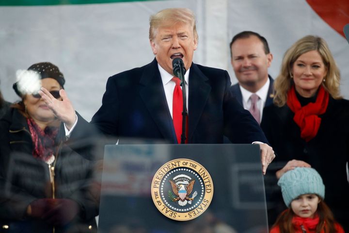 President Donald Trump speaks at a March for Life rally, Friday, Jan. 24, 2020, on the National Mall in Washington, D.C.