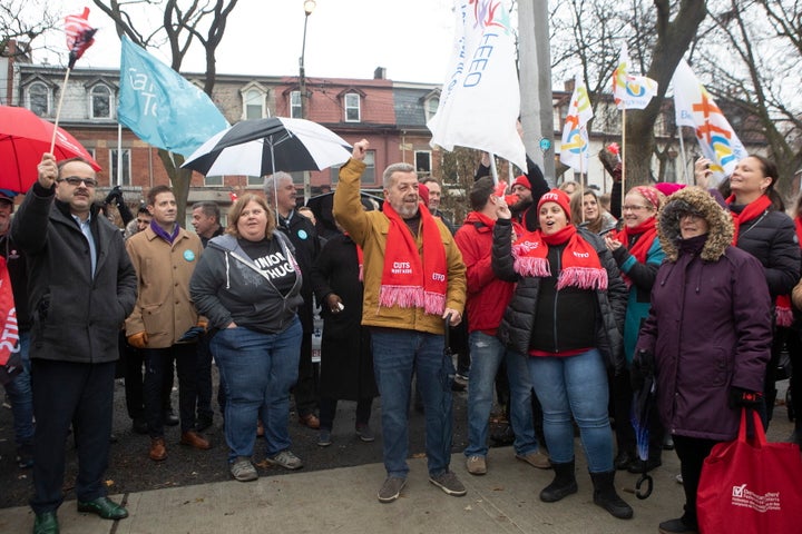 Sam Hammond, president of the Elementary Teachers' Federation of Ontario, joins teachers at a demonstration at Ogden Junior Public School in Toronto on Nov. 27, 2019.