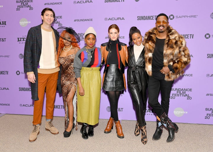 Nicholas Braun, A'ziah King, Janicza Bravo, Riley Keough, Taylour Paige and Colman Domingo at the "Zola" premiere on Jan. 24, 2020, in Park City, Utah.