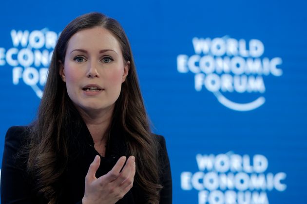 Finland's Prime Minister Sanna Marin addresses the World Economic Forum in Davos, Switzerland, Thursday, Jan. 23, 2020. The 50th annual meeting of the forum is taking place in Davos from Jan. 21 until Jan. 24, 2020. (AP Photo/Markus Schreiber)