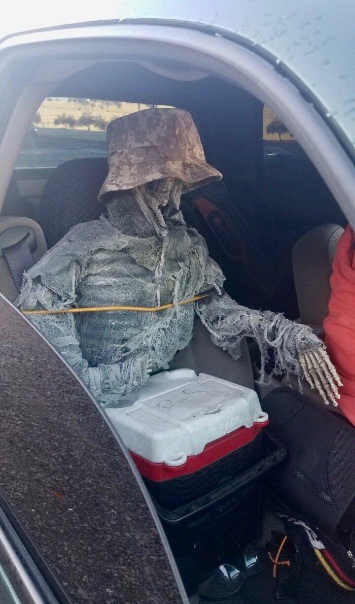 The dressed-up skeleton in the car discovered by officers. 