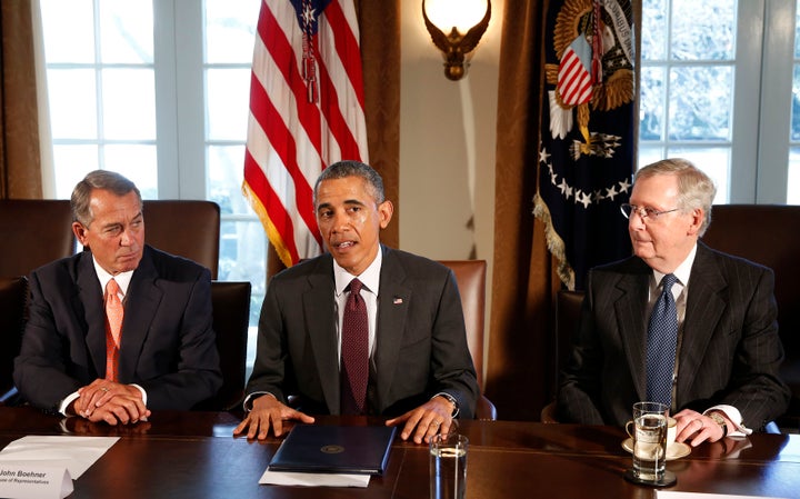 Then-President Barack Obama, center, persistently sought to find common fiscal ground with then-House Speaker John Boehner and Senate Majority Leader Mitch McConnell (R-Ky.).