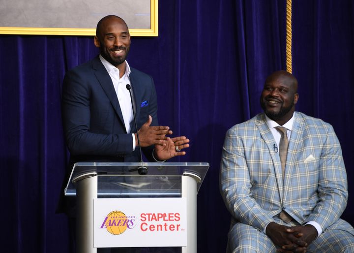 Bryant speaks during ceremony to unveil statue of Los Angeles Lakers former center Shaquille O'Neal at the Staples Center on 