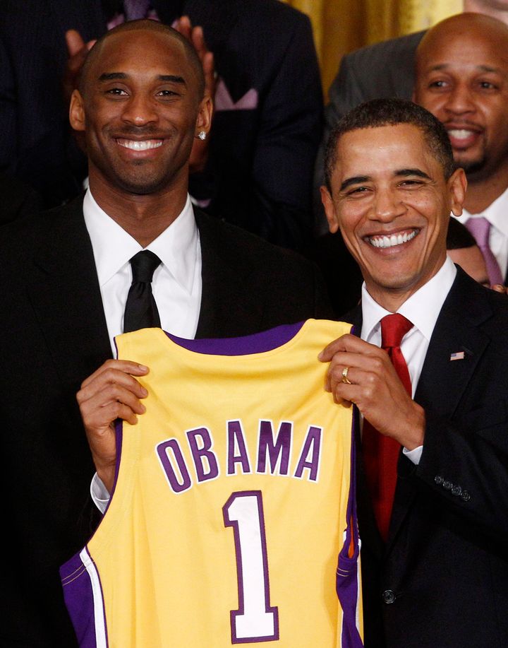 President Barack Obama, right, and Kobe Bryant, left, during a ceremony honoring the 2009 NBA champions, the Los Angeles Lakers, at the White House on Jan. 25, 2010.