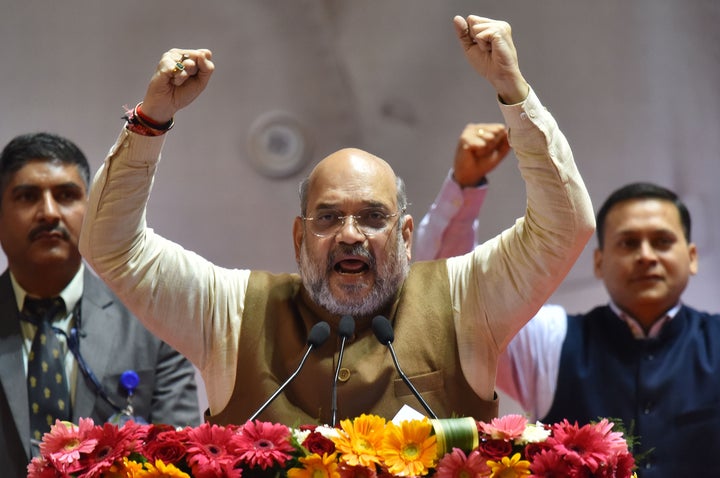 Home Minister Amit Shah addresses the Jeet Ki Goonj programme, ahead of the Delhi Assembly polls, at the Jawaharlal Nehru Indoor Auditorium on January 25, 2020 in New Delhi.