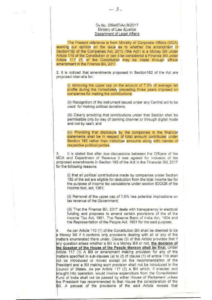 The law ministry's two-page note dated 17 March, 2017, where it said that while 'in strict sense', the proposed amendments to Section 182 of the Companies Act wouldn't come under a money bill, the government could still go ahead.