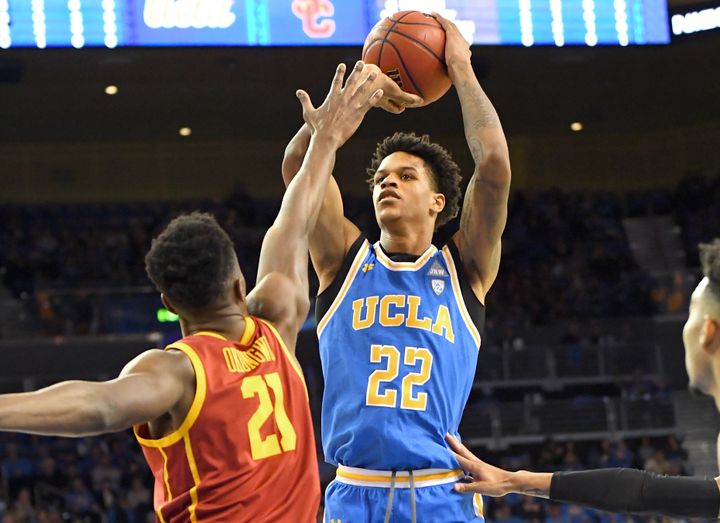 Onyeka Okongwu #21 of the USC Trojans defends a shot by Shareef O'Neal #22 of the UCLA Bruins in a game at Pauley Pavilion on Jan. 11 in Los Angeles.