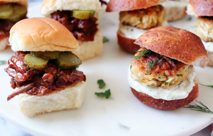 What really at stake Sunday: Kansas City's barbeque sliders (left) vs. San Francisco's crabcake offerings.