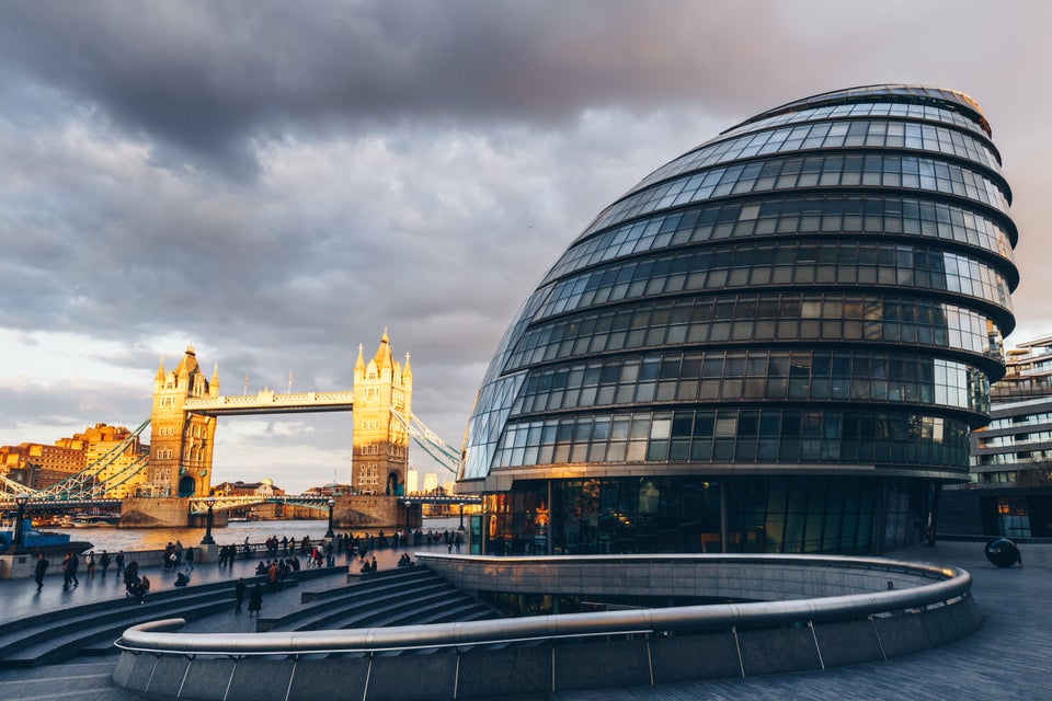 London skyline with City Hall and Tower Bridge at sunset, London, UK