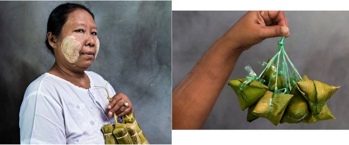 Swe Aung, 48, poses with her snack that's wrapped with leaves. On the right, a snack made with sticky rice packed with wrapped leaves. However, to be more convenient, they are tied with plastic to hold them together.
