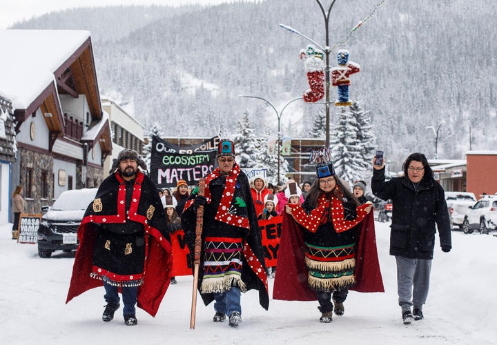 Wet'suwet'en Hereditary Chiefs from left, Rob Alfred, John Ridsdale, centre and Antoinette Austin, who oppose the Costal Gaslink pipeline take part in a rally in Smithers B.C., on Jan. 10, 2020.