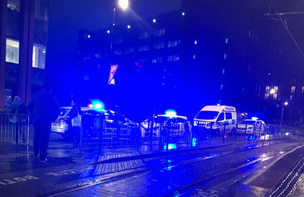 Photo taken with permission from the twitter feed of @Smurphy2404 showing police outside East Croydon station, after a young man was stabbed during rush hour at the south London railway station.