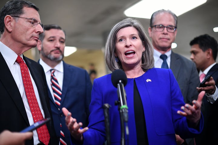 Sen. Joni Ernst (R-Iowa) speaks to the media during a recess in the impeachment trial of President Donald Trump in Washington, D.C., on January 27.