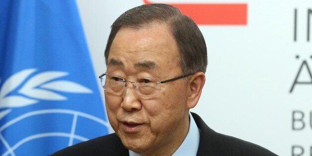 U.N. Secretary General Ban Ki-moon speaks during a press conference as part of a meeting with Austrian...