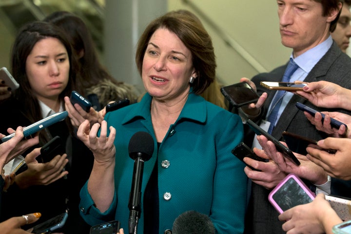 Sen. Amy Klobuchar, D-Minn., speaks to reporters on Capitol Hill in Washington, Tuesday, Jan. 21, 2020. (AP Photo/Jose Luis M