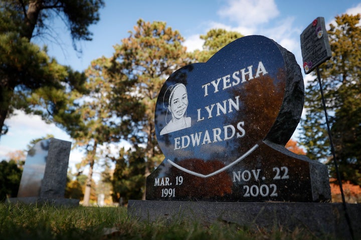 The gravestone of Tyesha Edwards, the victim of a 2002 shooting that resulted in the murder conviction Myon Burrell, rests at Washburn-McReavy Crystal Lake Funeral Chapel and Cemetery, Thursday, Oct. 24, 2019, in Minneapolis. (AP Photo/John Minchillo)