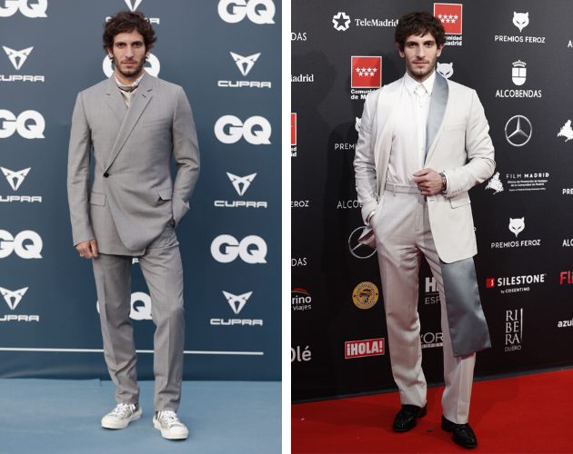 Quim Gutiérrez en el 25 aniversario de la revista GQ y, a la izquierda, en la alfombra roja de los Feroz 2020.