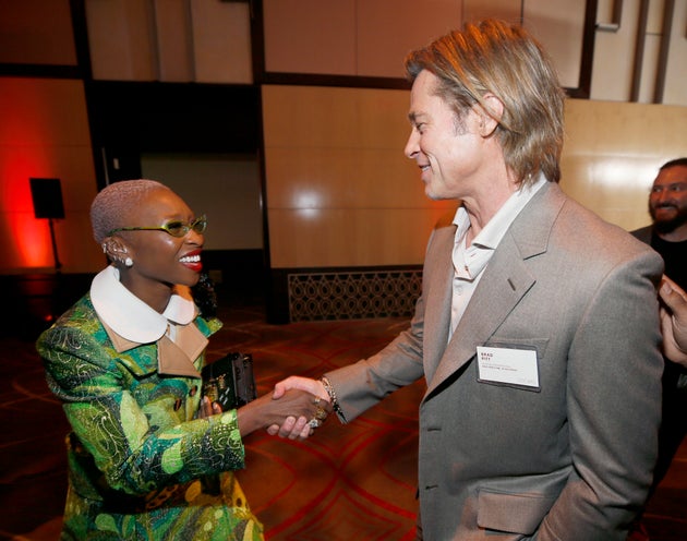Cynthia Erivo, left, shakes hands with Brad Pitt at the 92nd Academy Awards Nominees Luncheon at the Loews Hotel on Monday, Jan. 27, 2020, in Los Angeles.