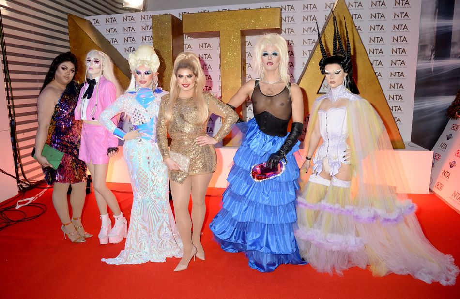 LONDON, ENGLAND - JANUARY 28: Sum Ting Wong, Scaredy Kat, Blu Hydrangea, Cheryl Hole, Crystal and Gothy Kendoll of RuPaul's Drag Race attend the National Television Awards 2020 at The O2 Arena on January 28, 2020 in London, England. (Photo by Dave J Hogan/Getty Images)