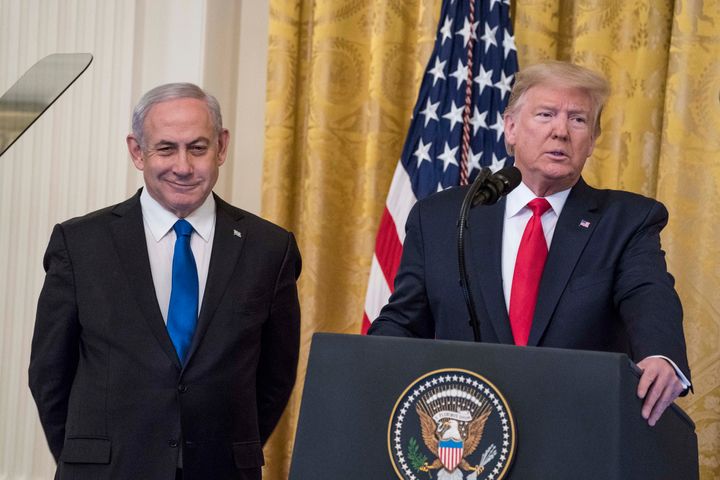 President Donald Trump and Israeli prime minister Benjamin Netanyahu speak during a joint statement in the East Room of the White House.